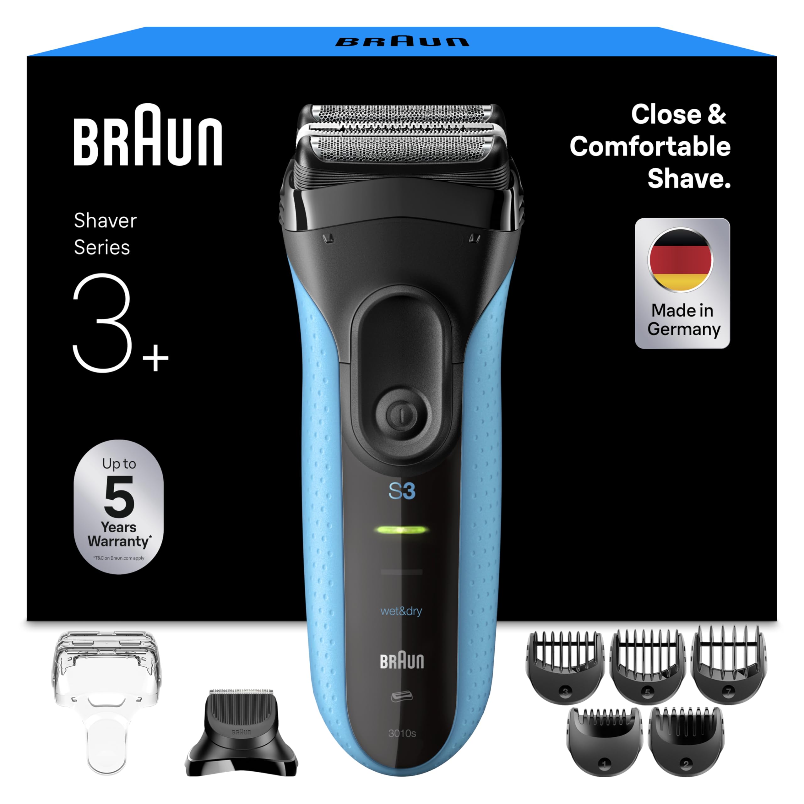 Series 3+ Rasierer Herren Elektrisch, Elektrorasierer mit 3 Flexiblen Klingen,  3010BT, Blau