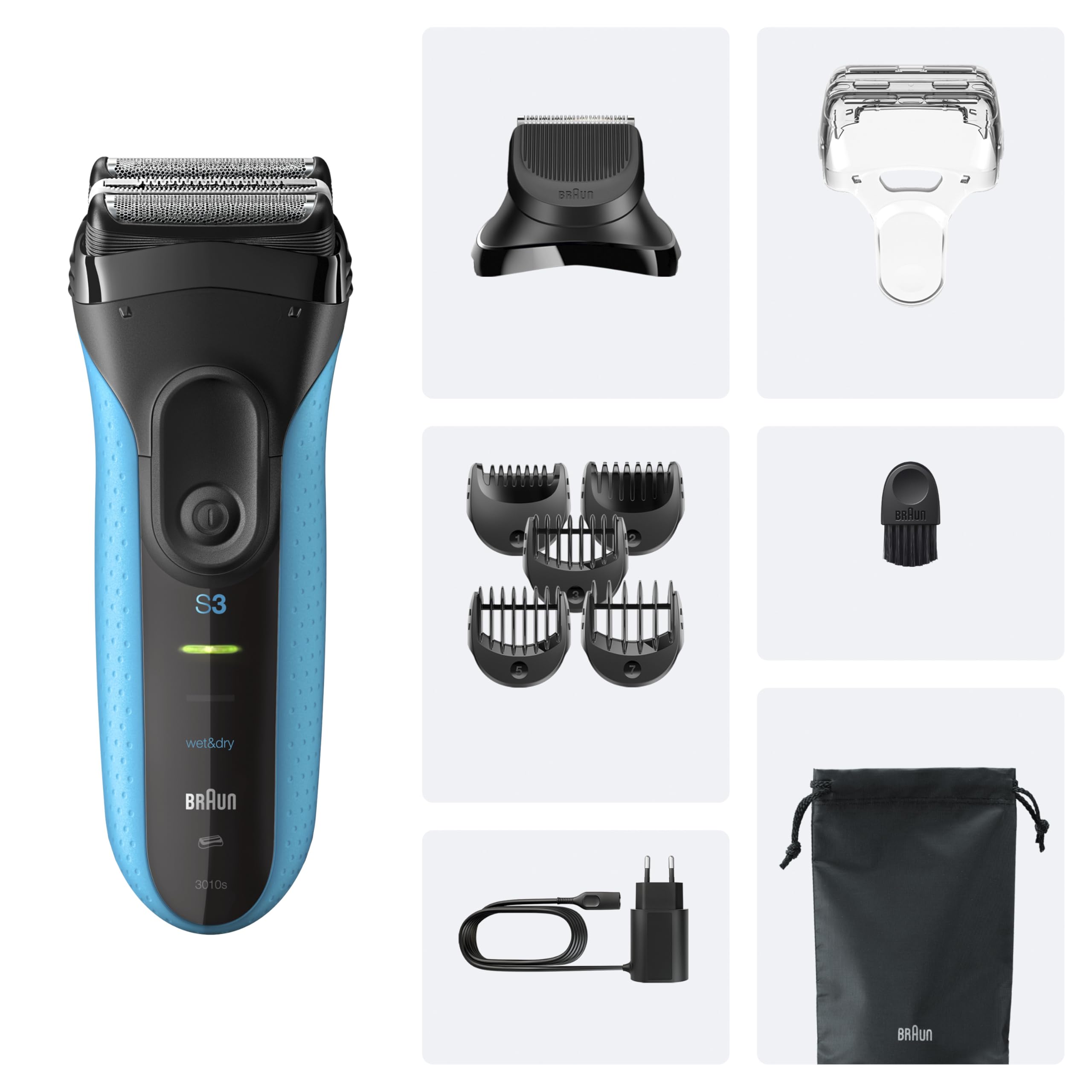 Series 3+ Rasierer Herren Elektrisch, Elektrorasierer mit 3 Flexiblen Klingen,  3010BT, Blau