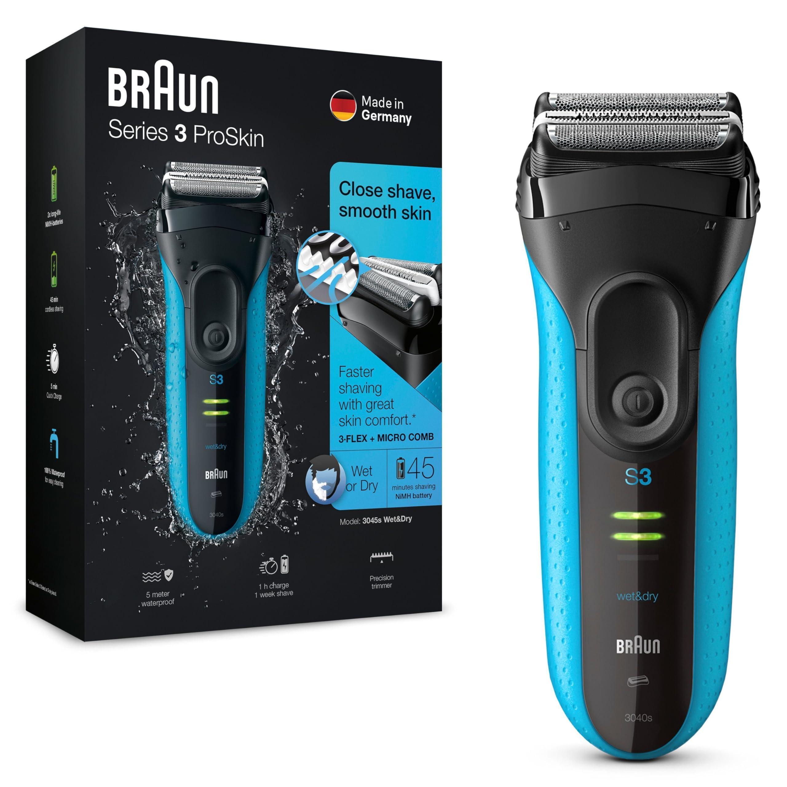 Series 3 ProSkin Elektrorasierer mit Präzisionstrimmer, Rasierer Herren Elektrisch, 3040s, schwarz/blau