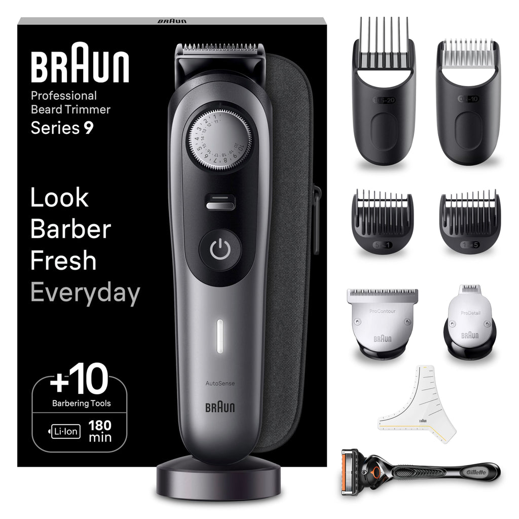 Barttrimmer Series 9, Elektrischer Bartschneider Herren mit 10 Barber-Tools, BT9420, Grau