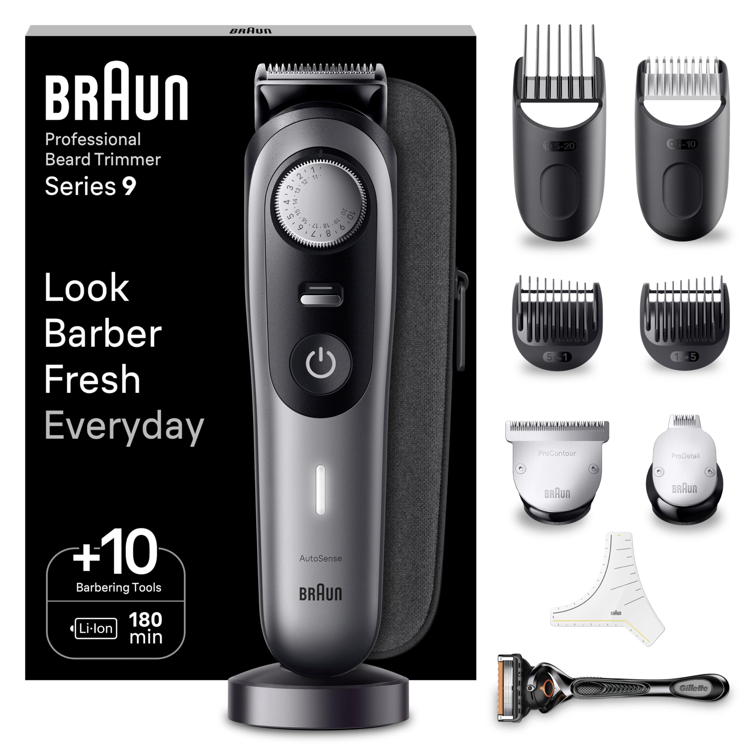 Barttrimmer Series 9, Elektrischer Bartschneider Herren mit 10 Barber-Tools, BT9420, Grau